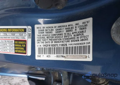 2007 Honda Civic Lx z USA, uszkodzony, nr VIN 1HGFA16507L118026